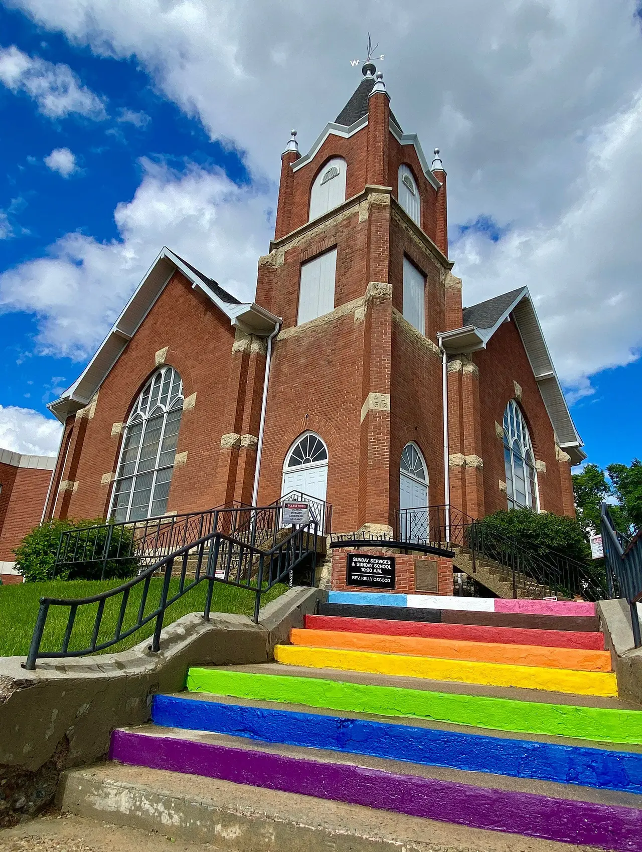First United Church with rainbow steps, 2026-06-23 16:46:51